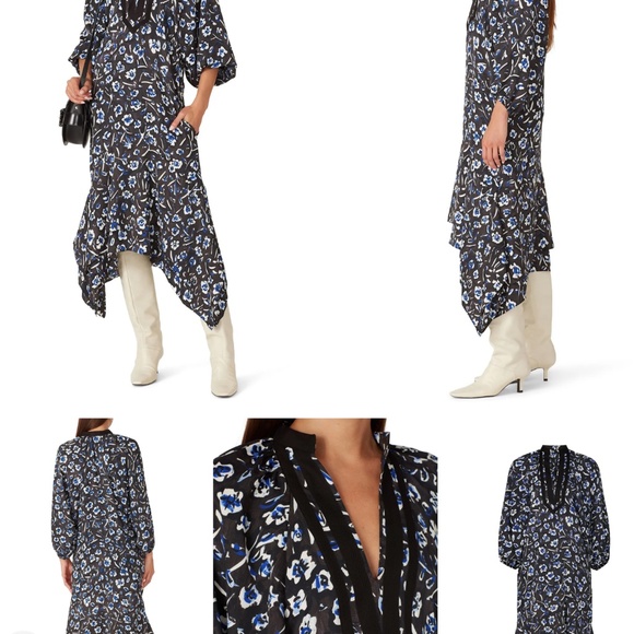 TORY BURCH Blue Puff Sleeve Dress Size XL Belted Midi Floral Asymmetrical - Picture 5 of 5